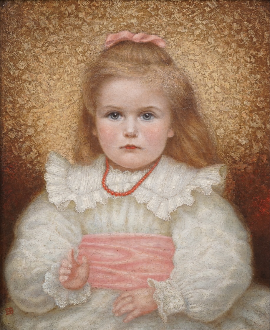Monogrammist E.B., Half-length portrait of a young girl wearing a pink bow